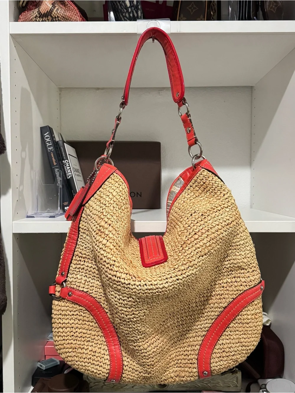 Coach Straw Hobo Bag with Coral Trim